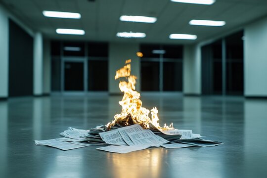 A pile of burning papers in an empty, well-lit room, creating a stark visual contrast between fire and tranquility. - Powered by Adobe