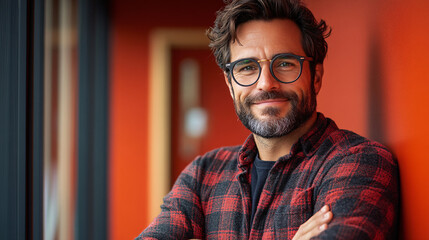 Obraz premium A cheerful man with a well-groomed beard, wearing stylish round glasses and a red and black checkered flannel shirt, stands confidently with his arms crossed. The background is a solid,...