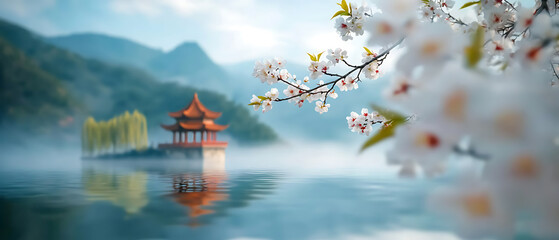 Obraz premium Stunning chinese pavilion embraced by reflective waters and blossoming flora in a serene landscape