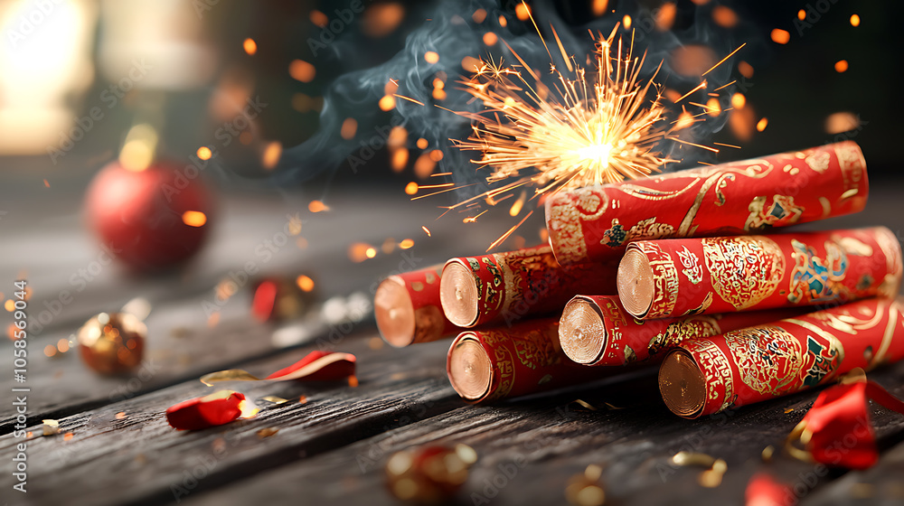 Poster vibrant close-up of firecrackers exploding with golden sparks on rustic wood background