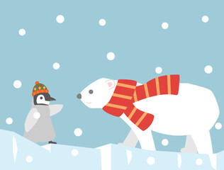 河の上を歩く赤いマフラーをつけた可愛いシロクマと帽子をかぶっているペンギンのイラスト