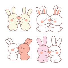 Cute Rabbit Bunny Couple Cartoon Character Hugging While Smiling