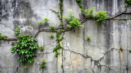Overgrown gray slime-covered plants and trees growing through cracks in a crumbling gray wall, trees, wall