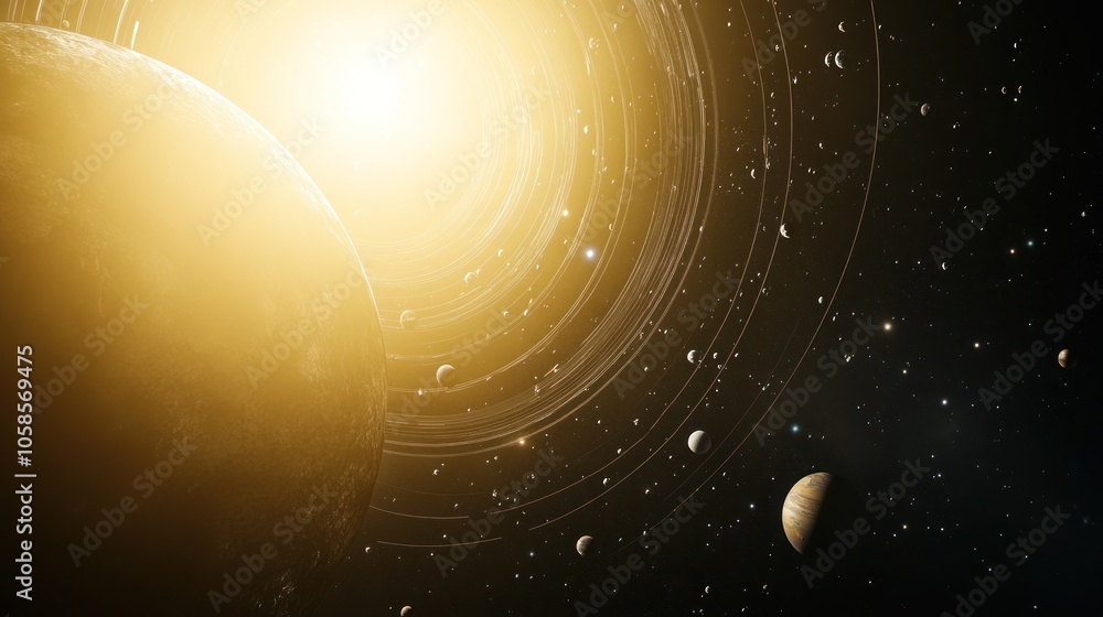 Poster a close-up view of a planet with rings orbiting a bright star, surrounded by many smaller celestial 