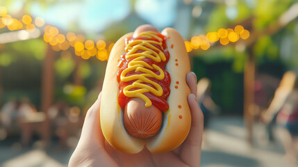Hand Holding a Hot Dog Loaded With Ketchup and Mustard, Captured in a Fun Outdoor Setting for a Classic Snack Feel