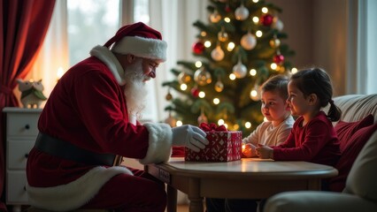 Santa Claus surprises two excited children with a beautifully wrapped gift beside a decorated Christmas tree in a cozy living room
