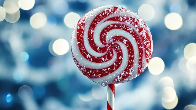 A red and white peppermint lollipop with a sprinkle of sugar sits in front of a blurry blue and white background