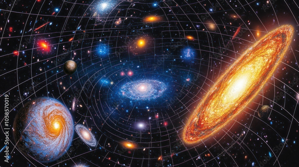 Poster a colorful illustration of galaxies and celestial bodies embedded in a complex web of interconnected