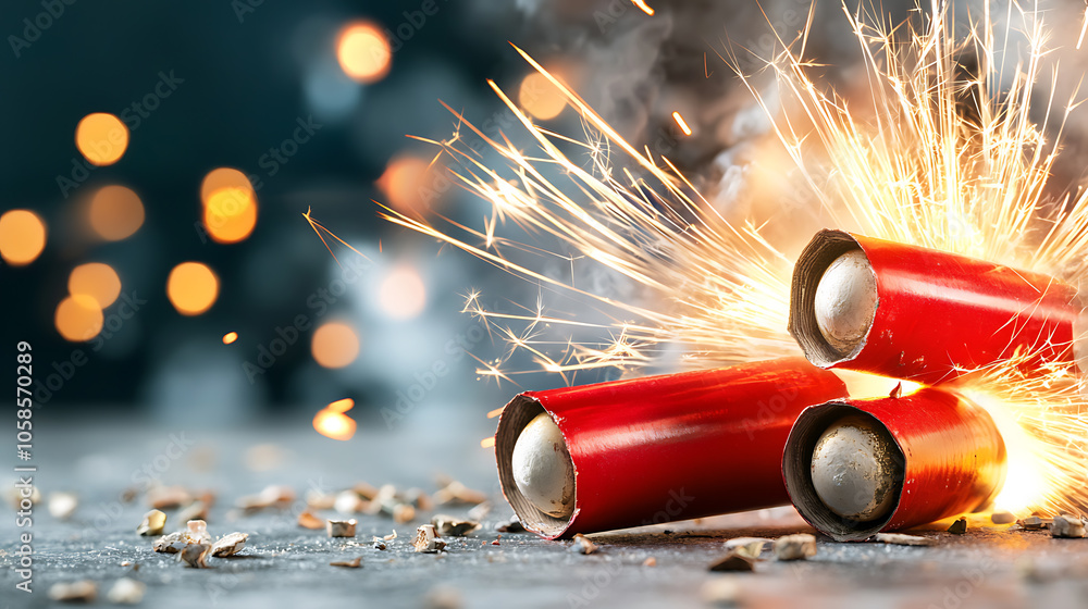 Poster explosive display a cluster of red firecrackers mid-explosion igniting festive sparks and celebrator