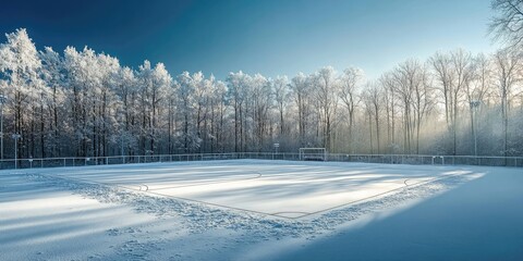 A football field covered in snow illuminated by natural light creates a picturesque scene, showcasing the beauty of the snowy landscape in the daytime.