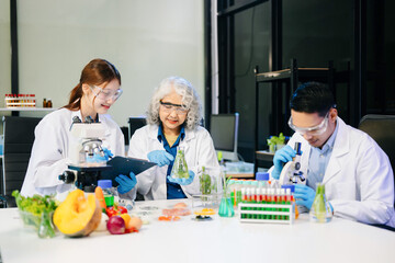 Food scientists in lab coats, testing samples, and analyzing food safety and quality in a modern laboratory