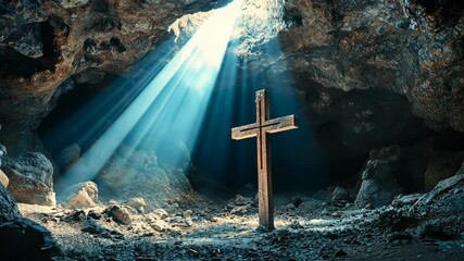 A wooden cross stands in a dark cave, illuminated by a beam of light shining through the opening