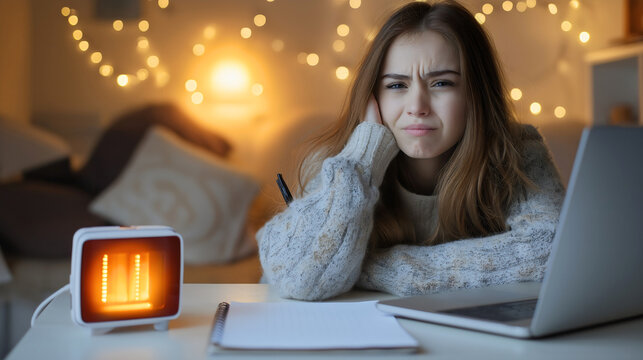 Teenager girl student sitting at desk in cozy room, feeling stressed and pensive while studying near heater, thinking, doing homework, experiencing winter cold evening solitude and focus