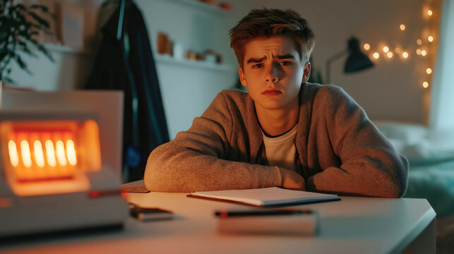 Teenager boy student sitting at desk in cozy room, feeling stressed and pensive while studying near heater, thinking, doing homework, experiencing winter cold evening solitude and focus