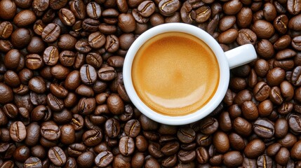 Fototapeta premium Espresso Coffee Cup Among Roasted Beans