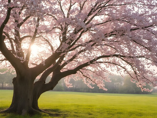 Fototapeta premium Blooming spring tree in a sunlit park SAKURA japanese