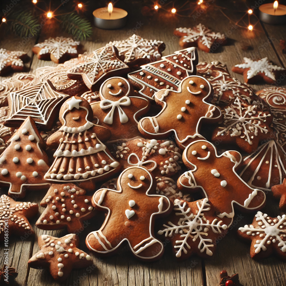 Canvas Prints A festive assortment of gingerbread cookies decorated with white icing for Christmas