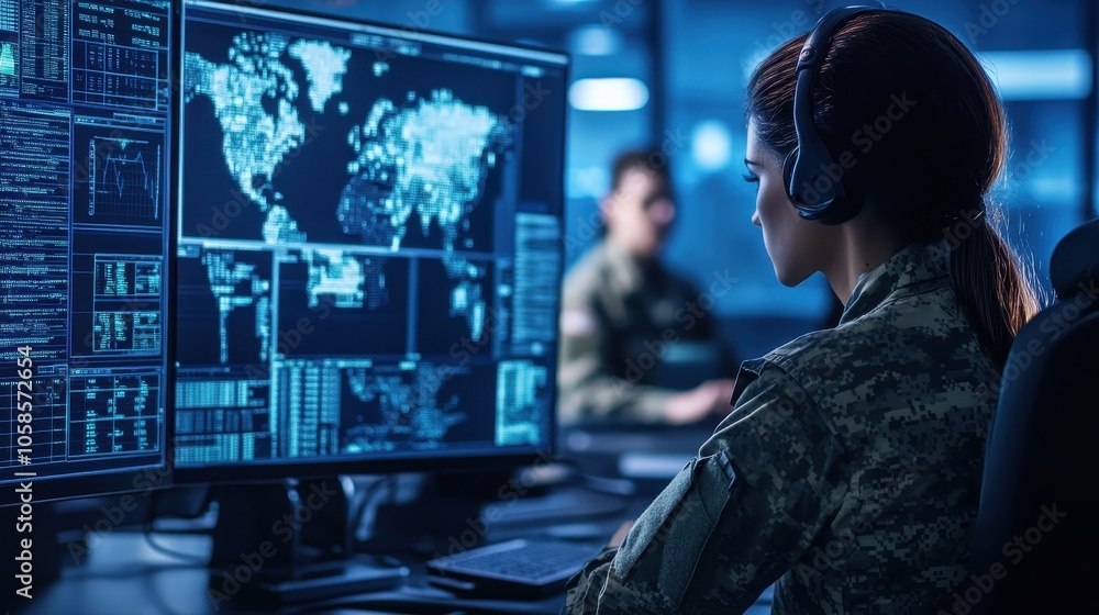 Poster focused soldier monitoring world map on computer screen