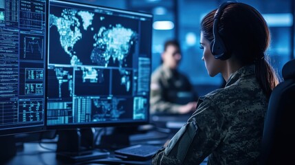Focused Soldier Monitoring World Map on Computer Screen