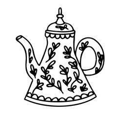 vector drawing of a teapot. Coffee pot with ornament. Cartoon teaware