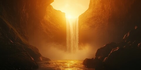 Fototapeta premium Golden Waterfall in a Dramatic Landscape