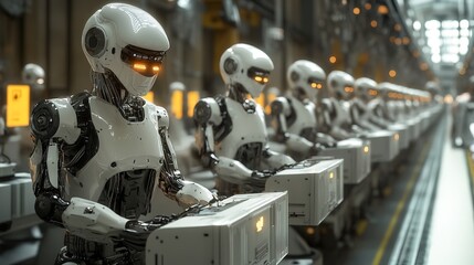 Fototapeta premium Industrial Human robots working on an automotive assembly line