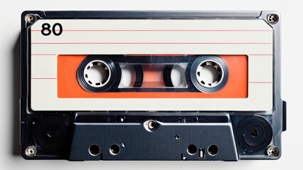 Fototapeta premium Vintage audio cassette tape with retro design, isolated on white background, perfect for nostalgic and 80s-inspired projects.