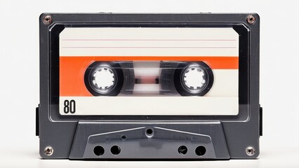 Obraz premium Vintage audio cassette tape with retro design, isolated on white background, perfect for nostalgic and 80s-inspired projects.