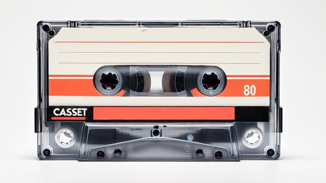 Vintage audio cassette tape with retro design, isolated on white background, perfect for nostalgic and 80s-inspired projects.