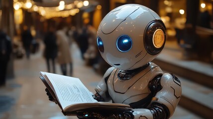Fototapeta premium ai robot engaging in advanced tasks of reading and writing, showcasing the capabilities of artificial intelligence with a futuristic backdrop, illustrating the themes of technology and learning