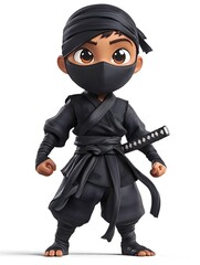 Cartoon style of a Young Ninja Boy in Black Uniform and Mask Holding a Sword and Posing for Action in a Fantasy Setting