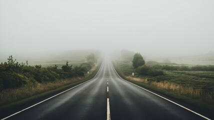Fototapeta premium Fog on the road with nature isolated background view. Foggy road street with trees plants leaves. winter smog road with loneliness backgrond wallpaper