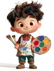 Cheerful 3D Cartoon Style Image of a Young Boy Dressed as an with Palette and Paint Brushes Expressing Creativity Imagination and Playful Enthusiasm