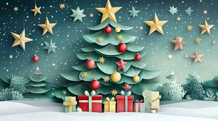 A detailed paper cut scene of a Christmas tree decorated with stars, baubles, and presents underneath. The tree and decorations are in shades of green, red, and gold.