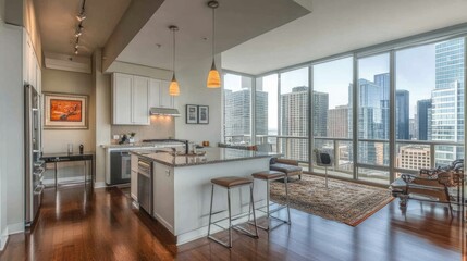 Fototapeta premium Modern City Apartment Kitchen with Skyline View