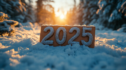 a number "2025" from wood in morning mountain background,for new year and change concept, with copy space, Generative AI