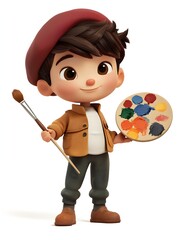 Cheerful Young Boy Holding a Painting Palette and Brush Posing in a Cartoon Style Digital with a Vibrant and Playful Look