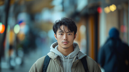 An asian man looking directly at the camera. It&rsquo;s a full-body shot taken in the morning, Generative AI