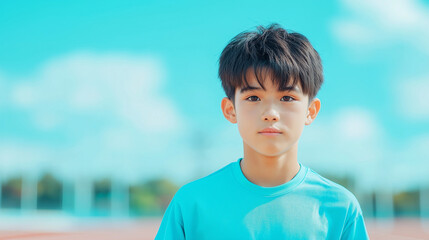 An asian boy on the running track, looking directly at the camera. It&rsquo;s a full-body shot taken in the morning, Generative AI