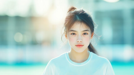 An asian woman looking directly at the camera. It&rsquo;s a full-body shot taken in the morning, Generative AI