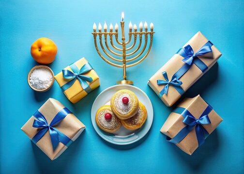 Hanukkah Celebration - Top View with Menorah, Gifts, Dreidels & Donuts