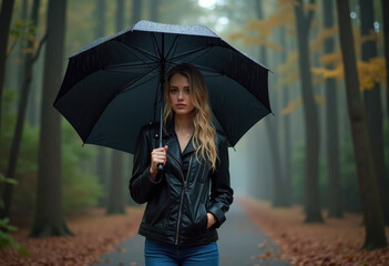 A woman walks in a forest while holding an umbrella.