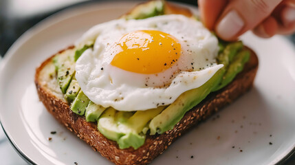 Hand Holding a Slice of Avocado Toast With Poached Egg, Captured in a Simple Kitchen Setting for a Healthy Breakfast Snack
