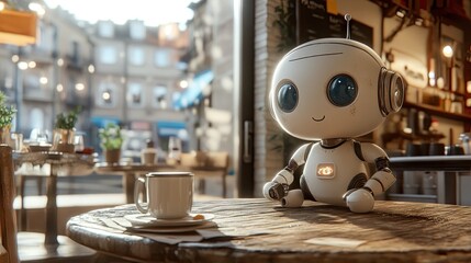 Fototapeta premium Friendly Robot Enjoying Coffee in Cozy Café Setting