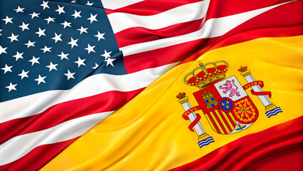 Vibrant image depicting the United States and Spain flags merged, symbolizing international relations and cultural exchange between the two nations. The flags' colors are bright and symbolic.
