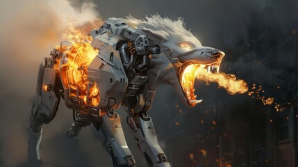 Futuristic wolf robot that breathes fire, AI generated image