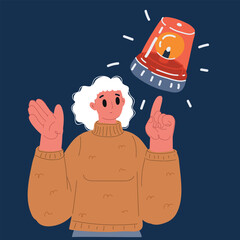 Cartoon vector illustration of a woman signaling towards a glowing warning sign, emphasizing awareness and safety measures over dark background