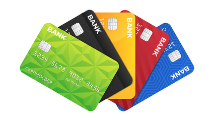 Realistic multi-colored bank credit or debit plastic cards fanned out, vector illustration
