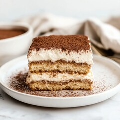 A decadent slice of tiramisu with layers of coffee-soaked ladyfingers and mascarpone cream, elegantly presented on a white plate, Tiramisu centered