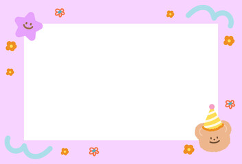 Cute pastel purple frame with teddy bear, party hat, flower, star for polaroid frame, animal, zoo, social media, poster, post card, rectangle ad template, book cover, sticky note, banner, name tag